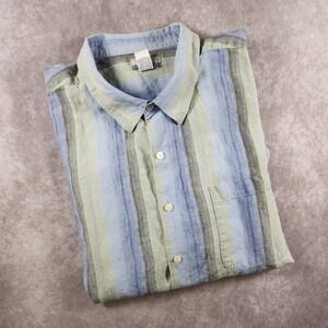 Breakwater Mens XL Blue Green Striped 100% Linen Short Sleeve Button Down Shirt